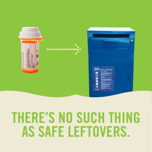 Image of pill container with arrow pointing to a disposal bin. text reads There's no such thing as safe leftovers.