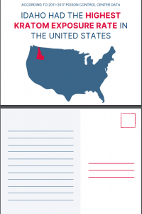 picture of postcard - state of idaho in red - text: Idaho had the highest kratom exposure rate in the United States